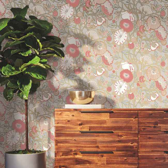 Poppies Grey & Pink Metallic Wallpaper - York Wallcoverings - GO8314 - York Wallcoverings Wallpaper