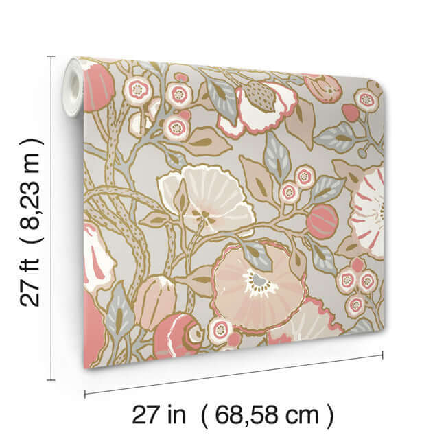 poppies-grey-pink-metallic-wallpaper-york-wallcoverings-go8314 - York Wallcoverings Wallpaper