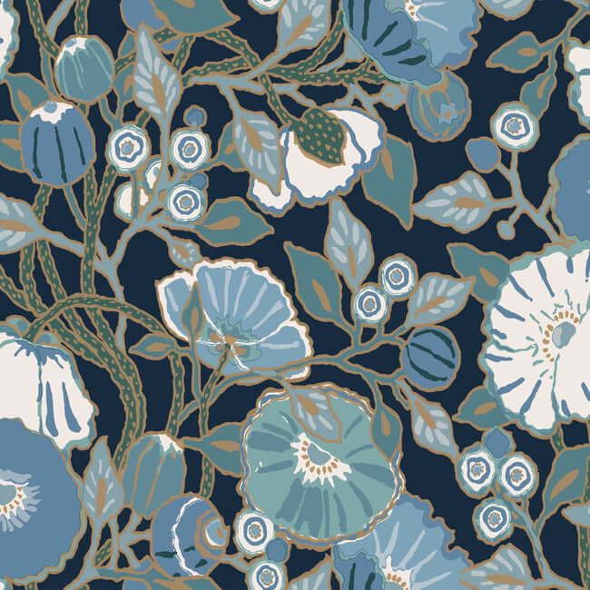 poppies-black-blue-metallic-wallpaper-york-wallcoverings-go8312 - York Wallcoverings Wallpaper