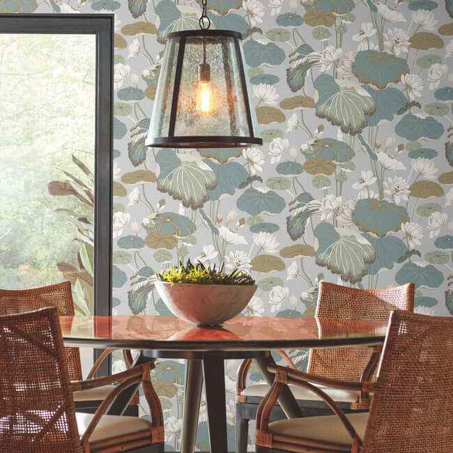 Lotus Pond Grey & Blue Wallpaper - York Wallcoverings - GO8294 - York Wallcoverings Wallpaper