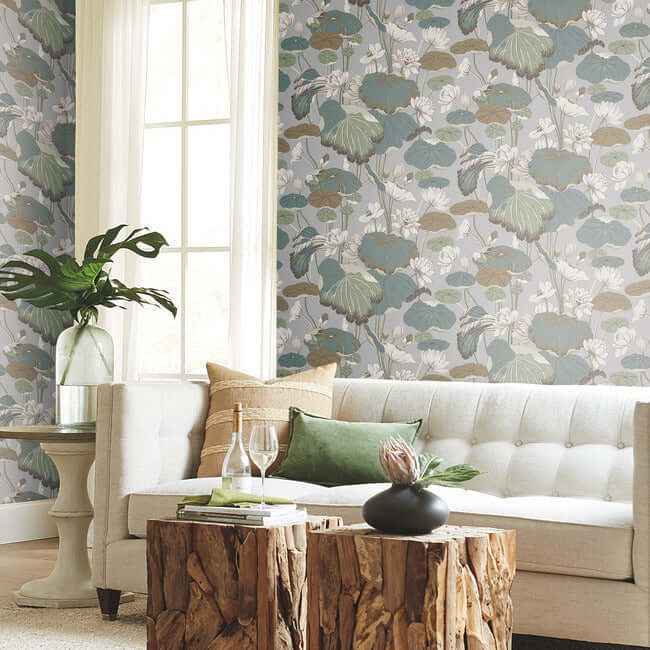 Lotus Pond Grey & Blue Wallpaper - York Wallcoverings - GO8294 - York Wallcoverings Wallpaper