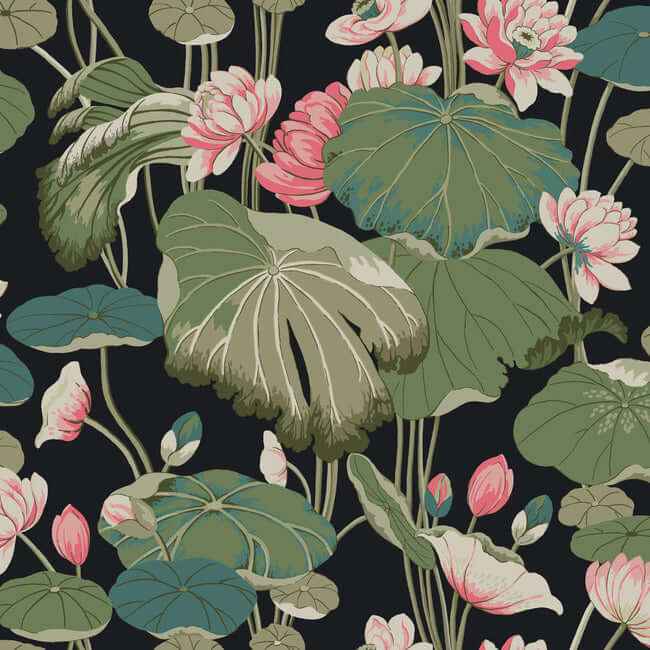 Lotus Pond Black & Pink Wallpaper - York Wallcoverings - GO8292 - York Wallcoverings Wallpaper
