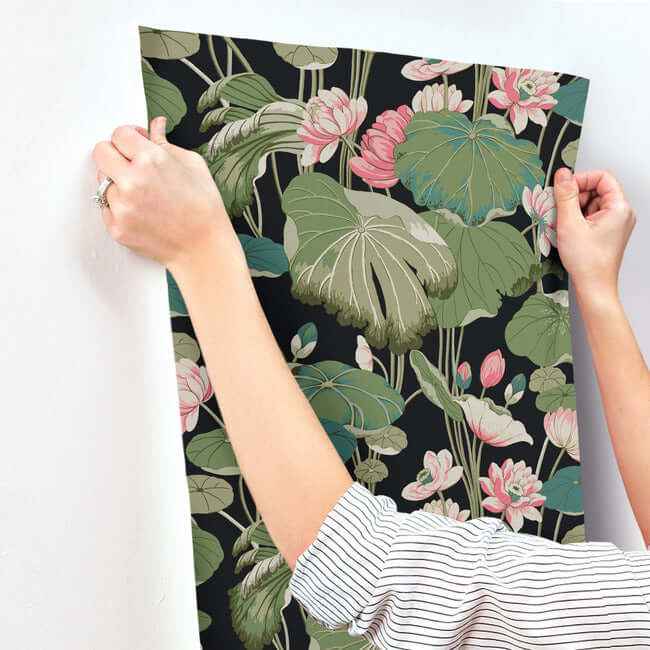 Lotus Pond Black & Pink Wallpaper - York Wallcoverings - GO8292 - York Wallcoverings Wallpaper