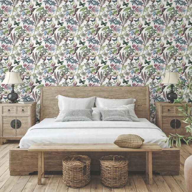 Butterfly House White & Fuchsia Wallpaper - York Wallcoverings - BL1721