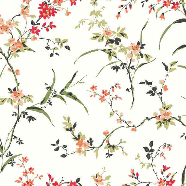 Blossom Branches White & Red Wallpaper - York Wallcoverings - BL1741