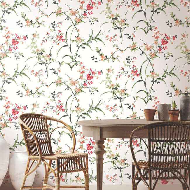 Blossom Branches White & Red Wallpaper - York Wallcoverings - BL1741 - York Wallcoverings Wallpaper
