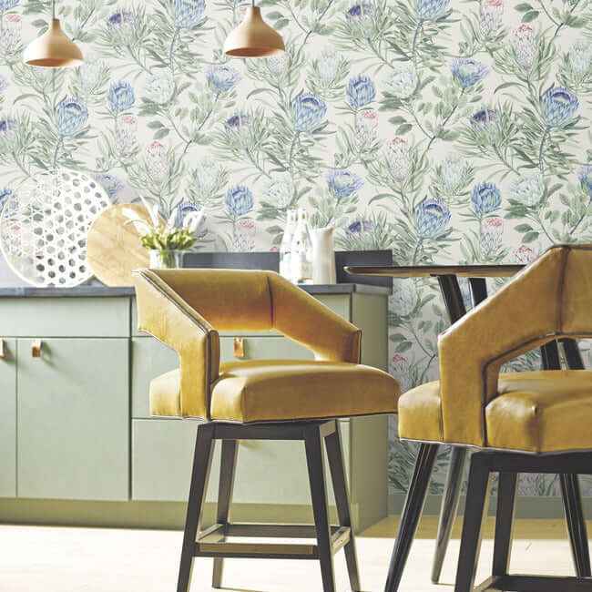 Protea Cream & Blue Wallpaper - York Wallcoverings - BL1753 - York Wallcoverings Wallpaper