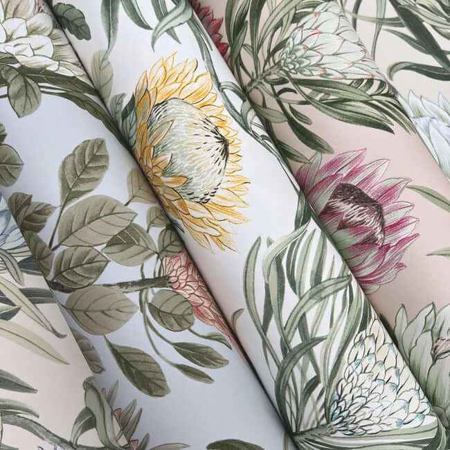 Protea Dusty Blue & Coral Wallpaper - York Wallcoverings - BL1755 - York Wallcoverings Wallpaper