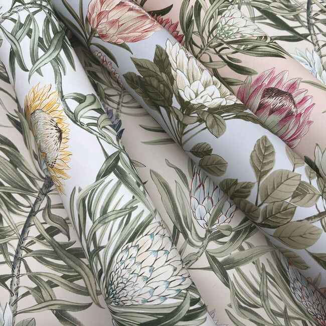 Protea Dusty Blue & Coral Wallpaper - York Wallcoverings - BL1755 - York Wallcoverings Wallpaper