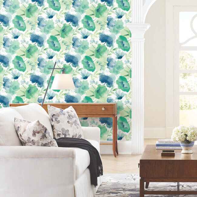Watercolor Bouquet Blue & Green Wallpaper - York Wallcoverings - BL1774 - York Wallcoverings Wallpaper