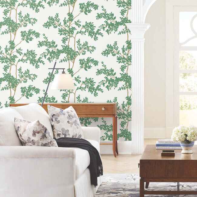 Lunaria Silhouette White & Green Wallpaper - York Wallcoverings - BL1801