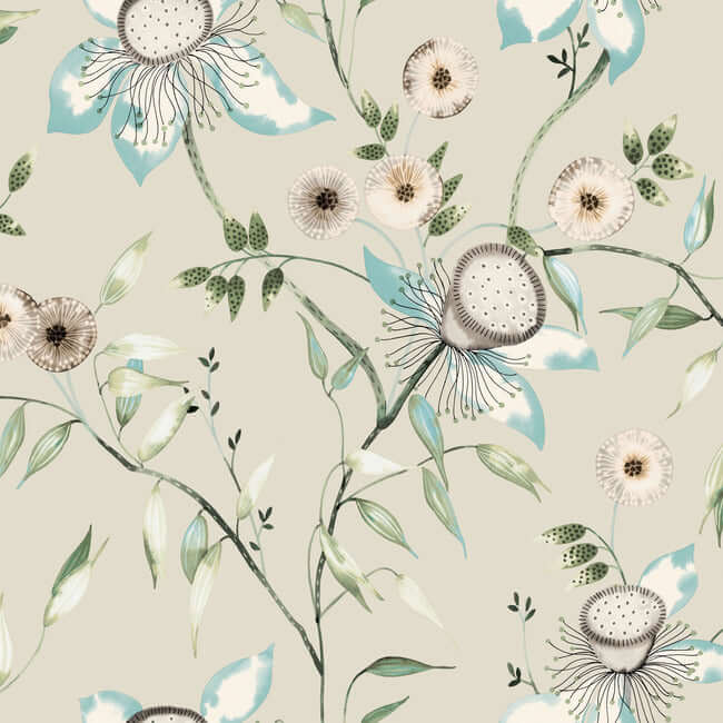 dream-blossom-taupe-aqua-wallpaper-york-wallcoverings-bl1794 - York Wallcoverings Wallpaper