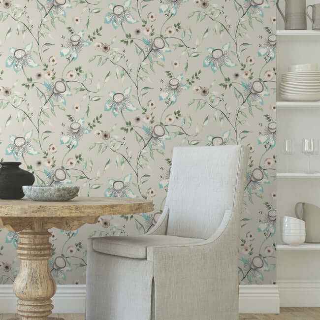 Dream Blossom Taupe & Aqua Wallpaper - York Wallcoverings - BL1794 - York Wallcoverings Wallpaper