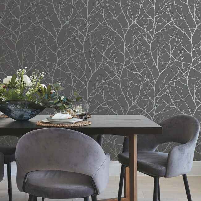 Trees Silhouette Charcoal & Silver Wallpaper - York Wallcoverings - MD7125 - York Wallcoverings Wallpaper