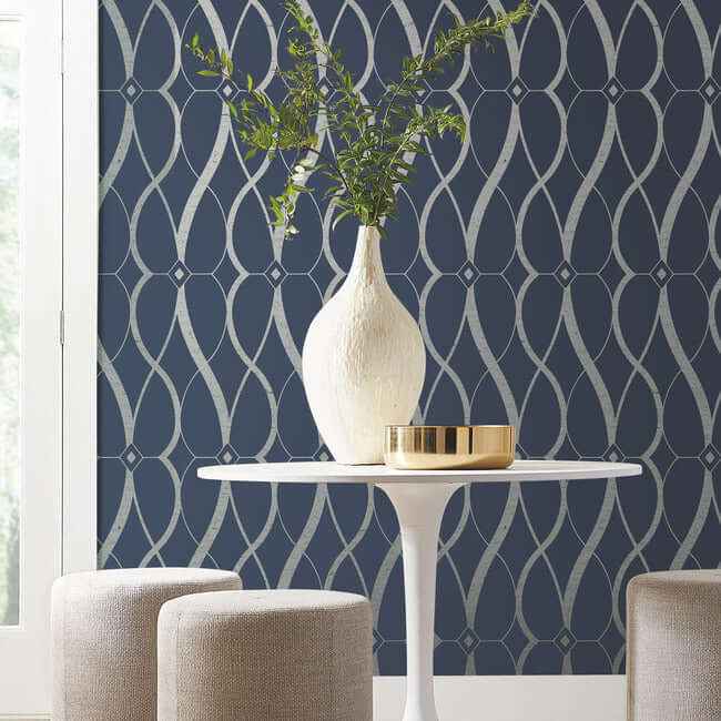 Graceful Geo Navy & Silver Wallpaper - York Wallcoverings - MD7174 - York Wallcoverings Wallpaper