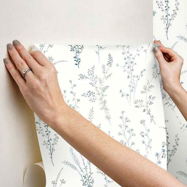 Wildflower Sprigs Blue & Green Peel & Stick Wallpaper - York Wallcoverings - PSW1523RL - York Wallcoverings Wallpaper