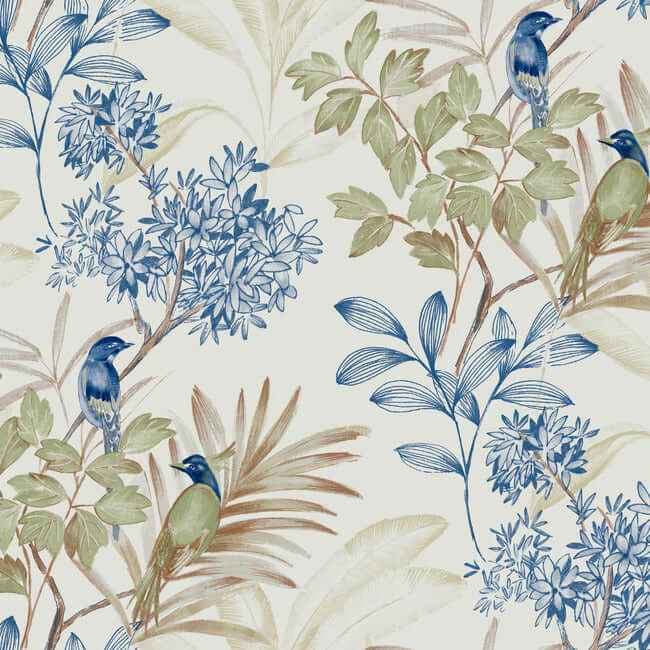 Handpainted Songbird Green & Blue Peel & Stick Wallpaper - York Wallcoverings - PSW1518RL