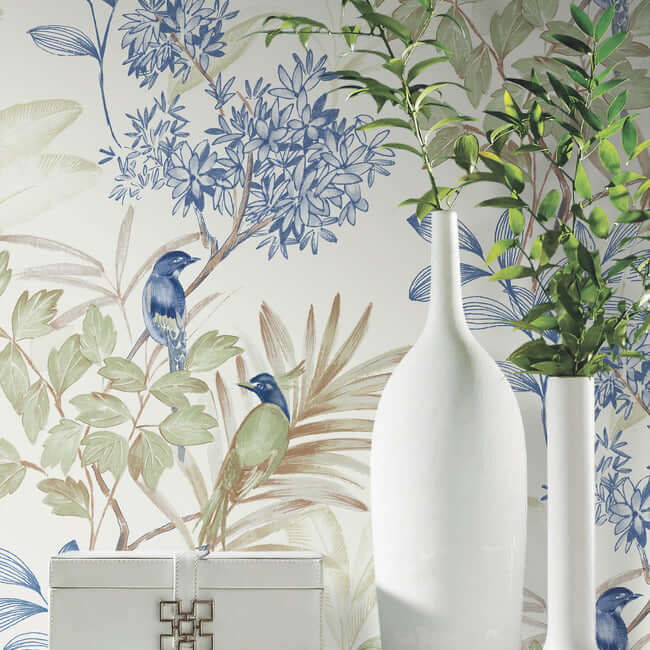 handpainted-songbird-peel-and-stick-wallpaper-greenblue-york-wallcoverings-psw1518rl - York Wallcoverings Wallpaper