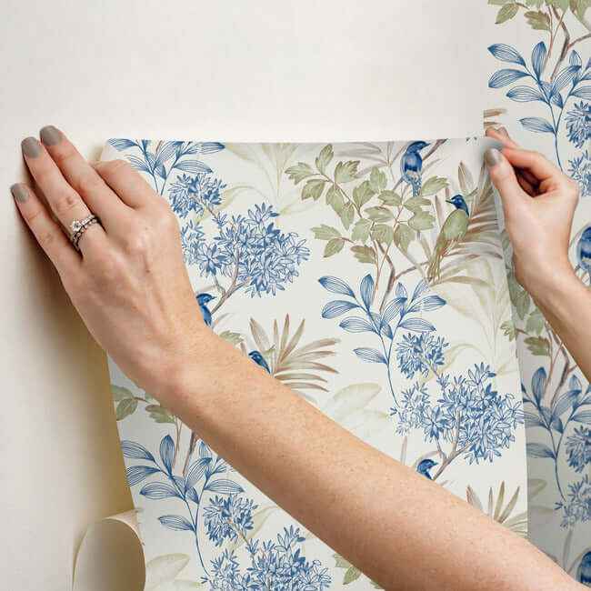 Handpainted Songbird Green & Blue Peel & Stick Wallpaper - York Wallcoverings - PSW1518RL - York Wallcoverings Wallpaper