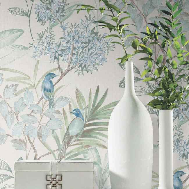 Handpainted Songbird Turquiose Peel & Stick Wallpaper - York Wallcoverings - PSW1517RL - York Wallcoverings Wallpaper