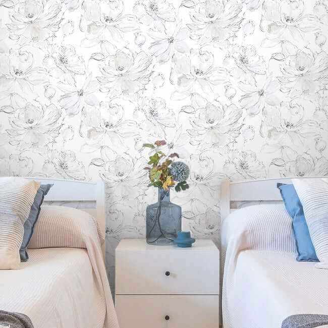 Floral Dreams Grey Peel & Stick Wallpaper - York Wallcoverings - PSW1530RL - York Wallcoverings Wallpaper