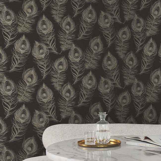 Regal Peacock Black Wallpaper - York Wallcoverings - EV3942 - York Wallcoverings Wallpaper