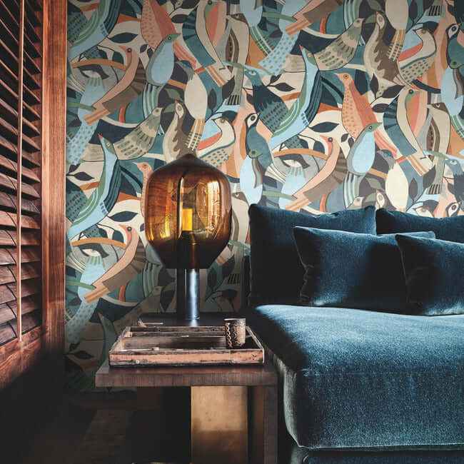 Fauvist Flock Coral & Aqua Wallpaper - York Wallcoverings - AG2016 - York Wallcoverings Wallpaper