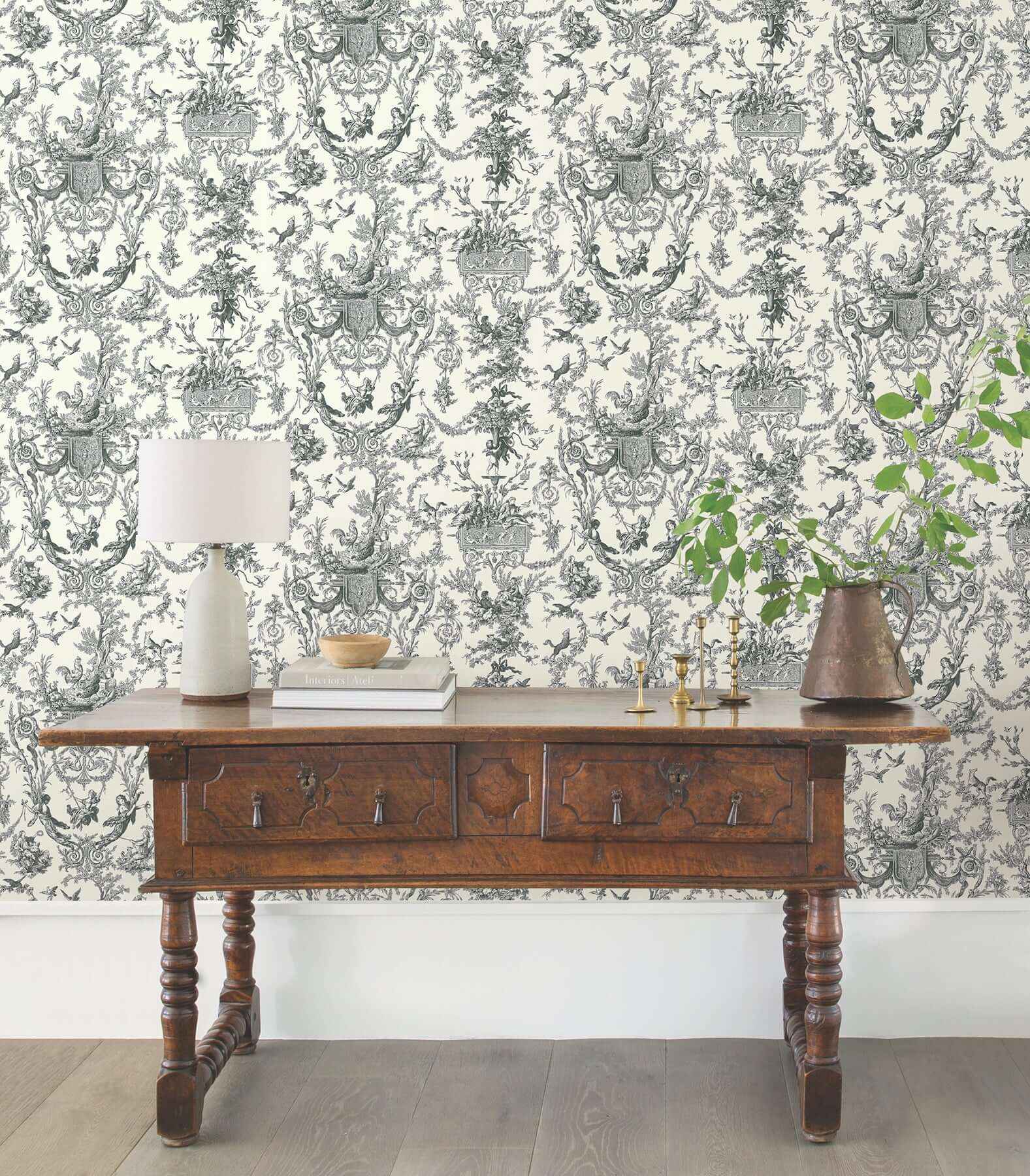 Old World Toile Black & White Wallpaper - York Wallcoverings - AT4237 - York Wallcoverings Wallpaper