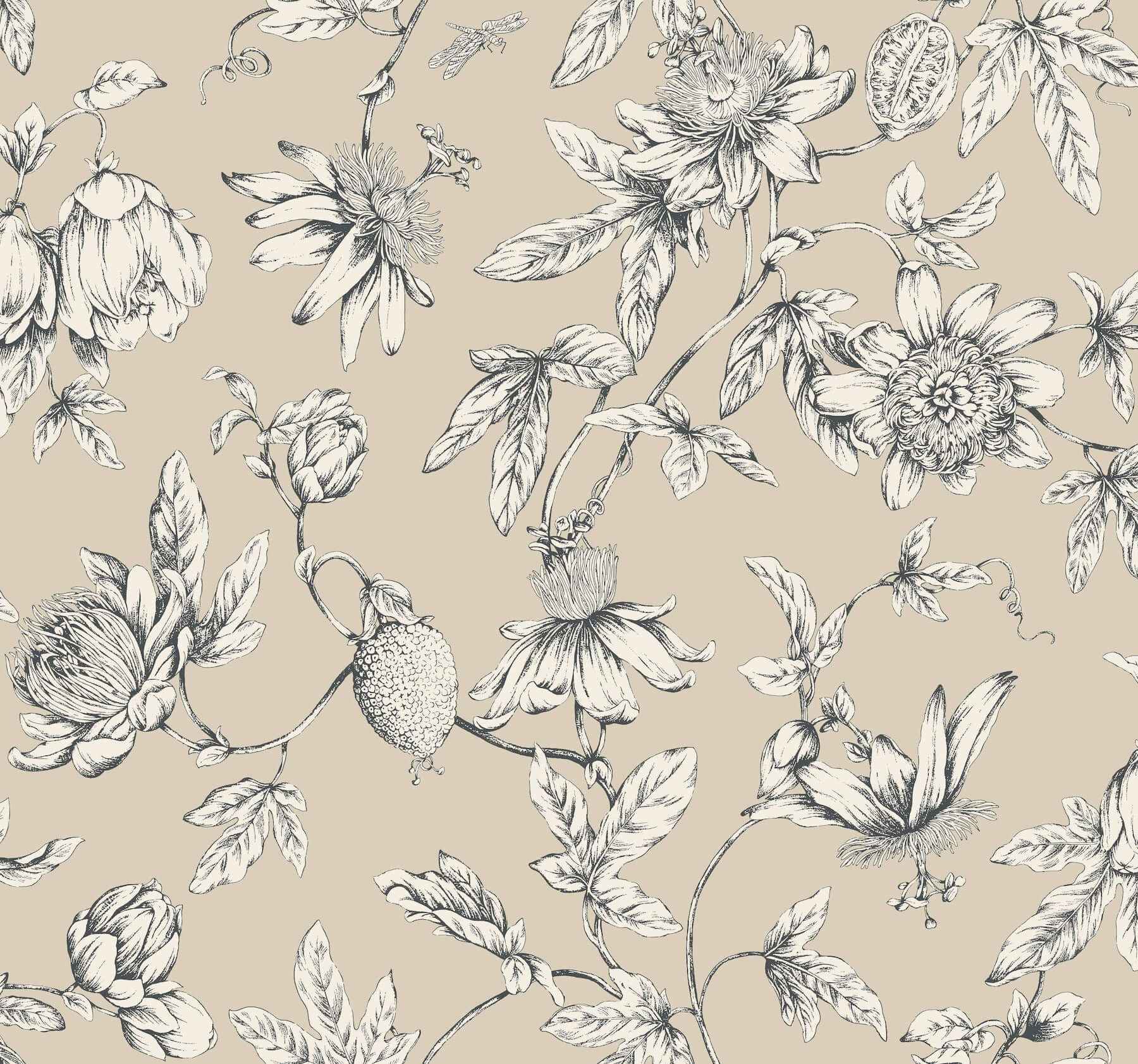 Passion Flower Toile Beige Wallpaper - York Wallcoverings - RT7854 - York Wallcoverings Wallpaper