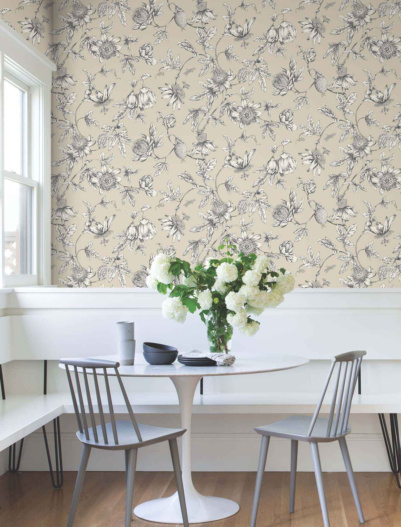 Passion Flower Toile Beige Wallpaper - York Wallcoverings - RT7854 - York Wallcoverings Wallpaper