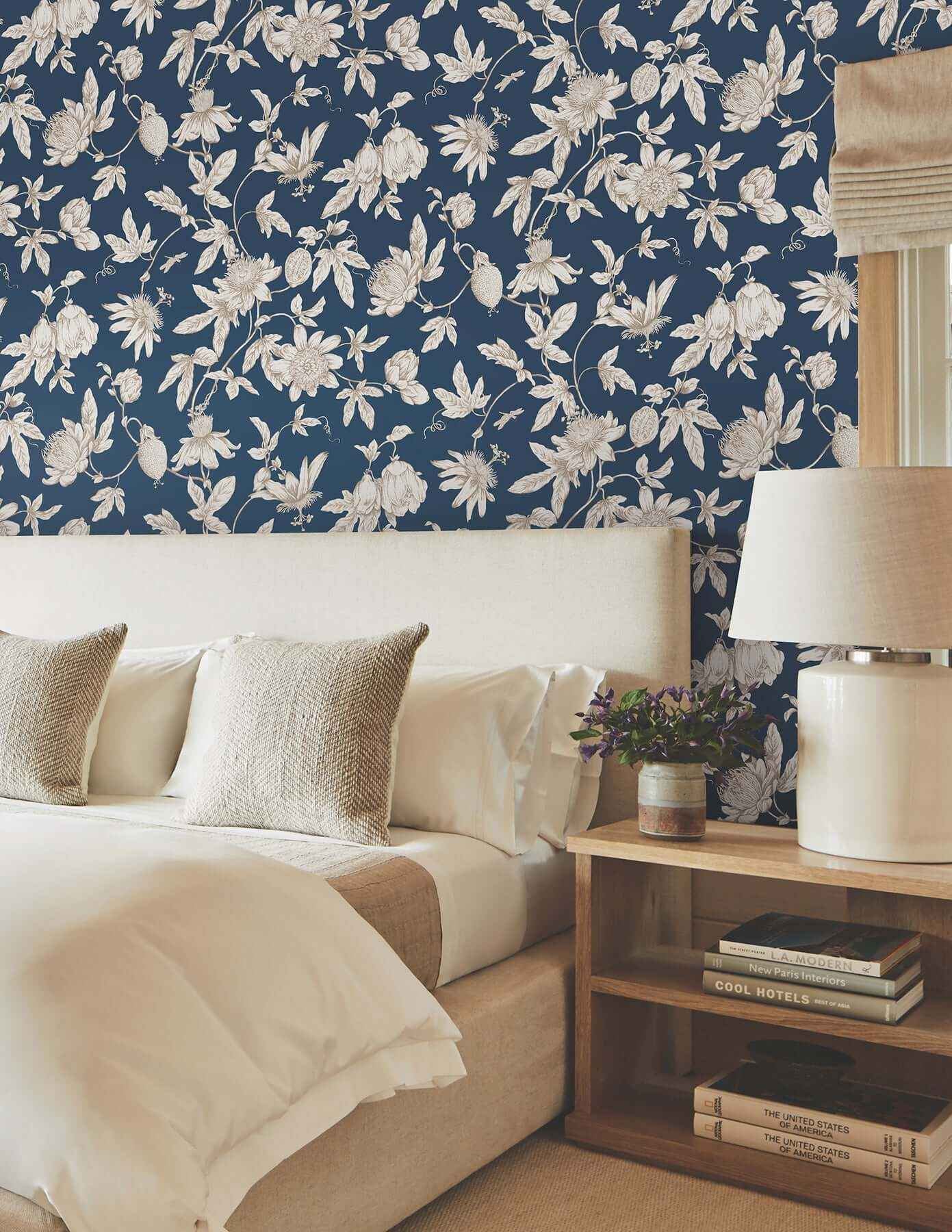 Passion Flower Toile Navy Wallpaper - York Wallcoverings - RT7856 - York Wallcoverings Wallpaper