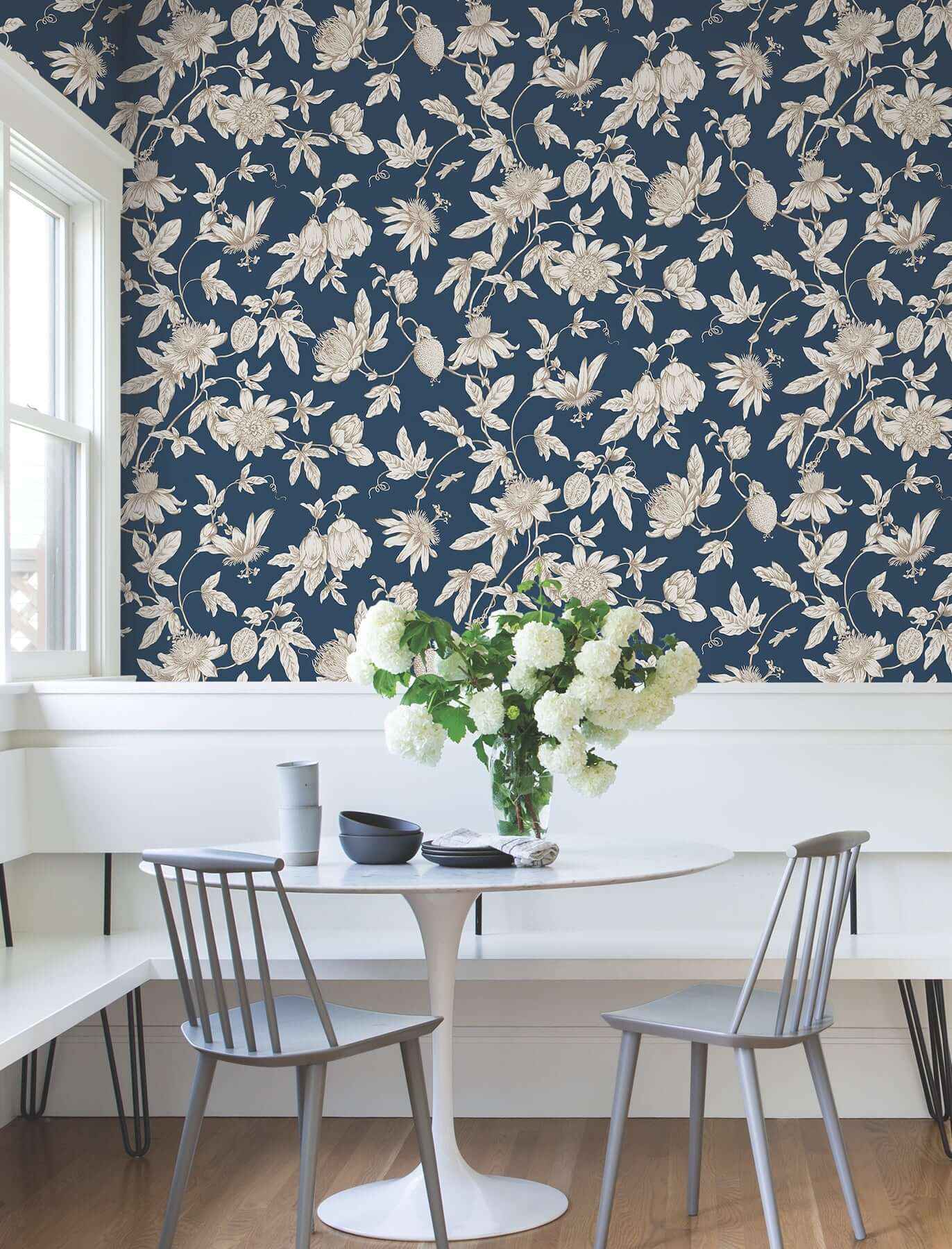 Passion Flower Toile Navy Wallpaper - York Wallcoverings - RT7856 - York Wallcoverings Wallpaper