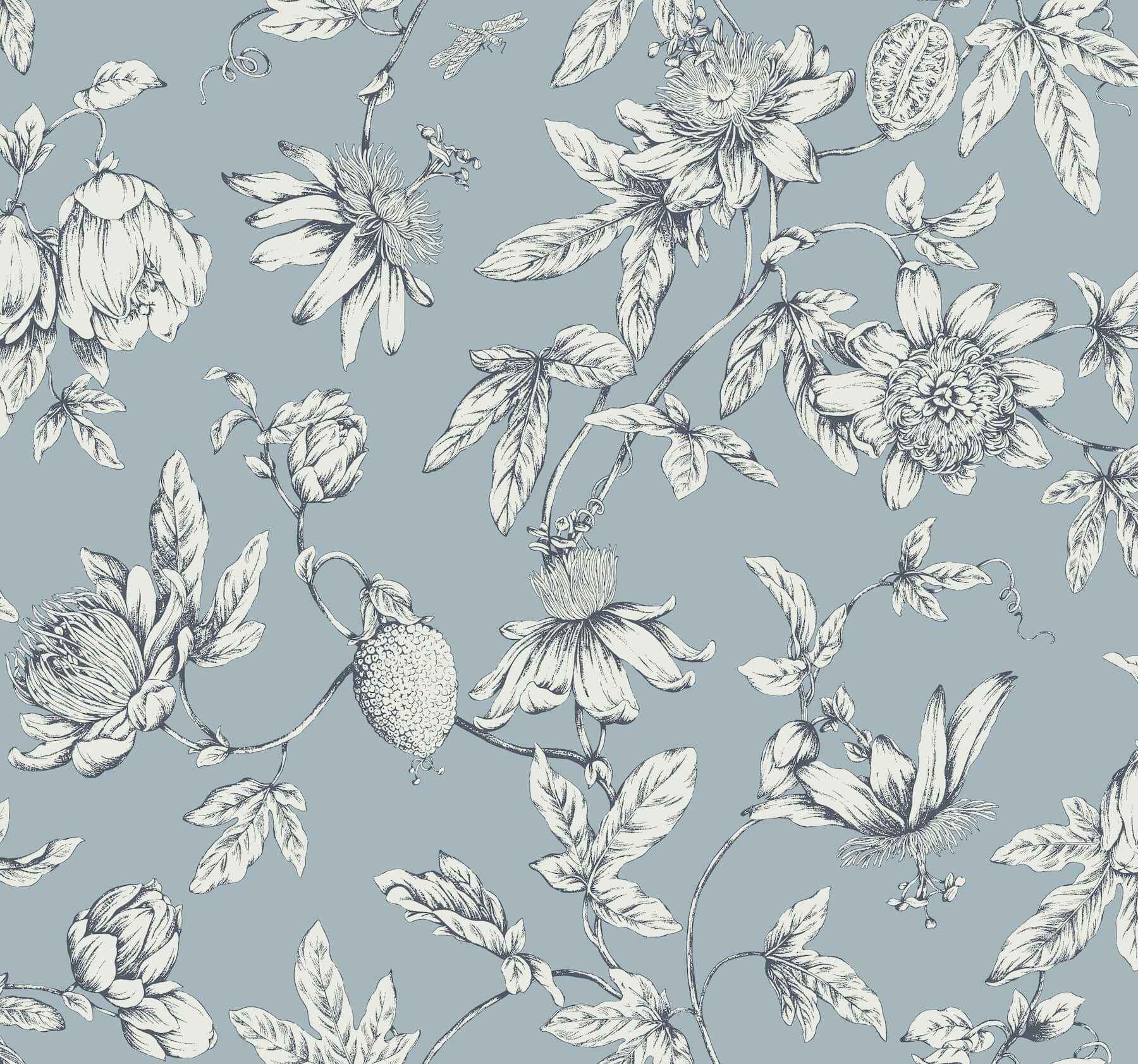 Passion Flower Toile Sky Blue Wallpaper - York Wallcoverings - RT7853 - York Wallcoverings Wallpaper