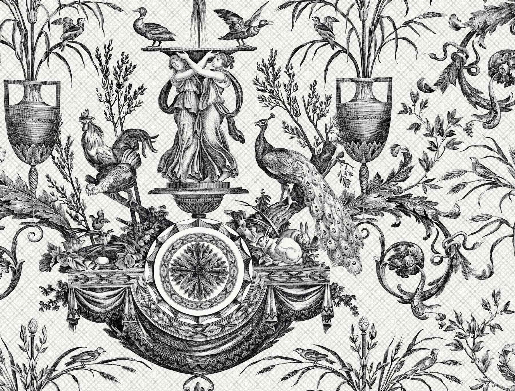 Avian Fountain Toile Black Wallpaper - York Wallcoverings - RT7813