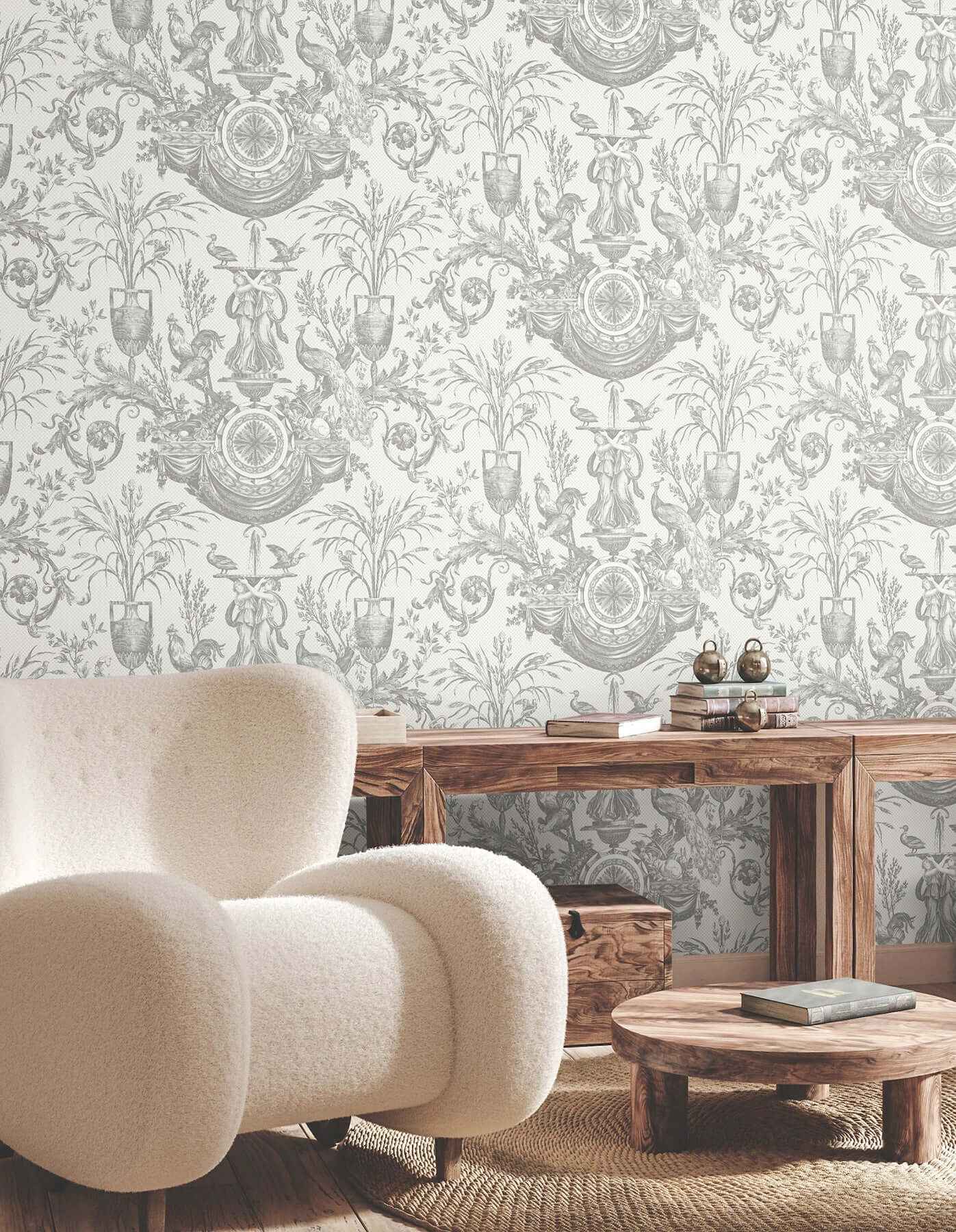 Avian Fountain Toile Grey Wallpaper - York Wallcoverings - RT7815 - York Wallcoverings Wallpaper