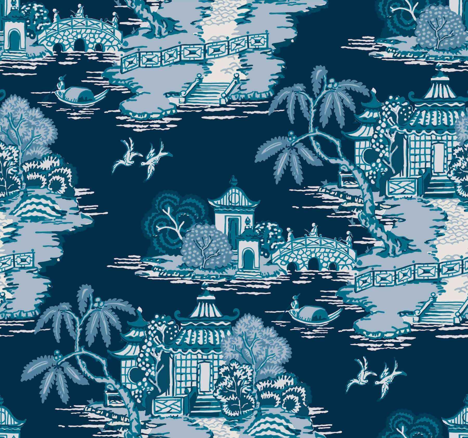 Pagoda And Sampan Scenic Navy Wallpaper - York Wallcoverings - RT7901 - York Wallcoverings Wallpaper