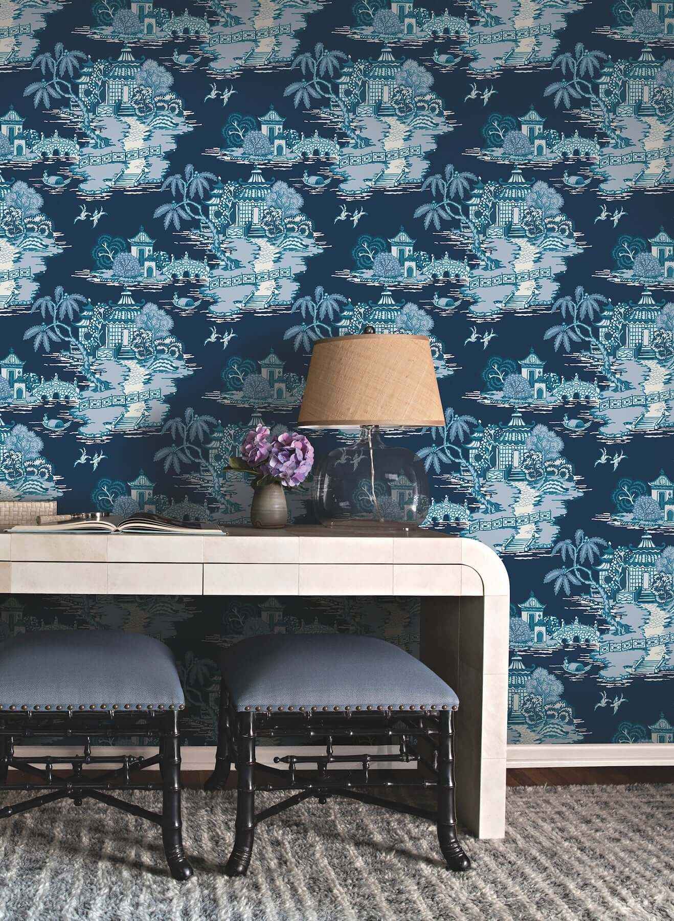 Pagoda And Sampan Scenic Navy Wallpaper - York Wallcoverings - RT7901 - York Wallcoverings Wallpaper