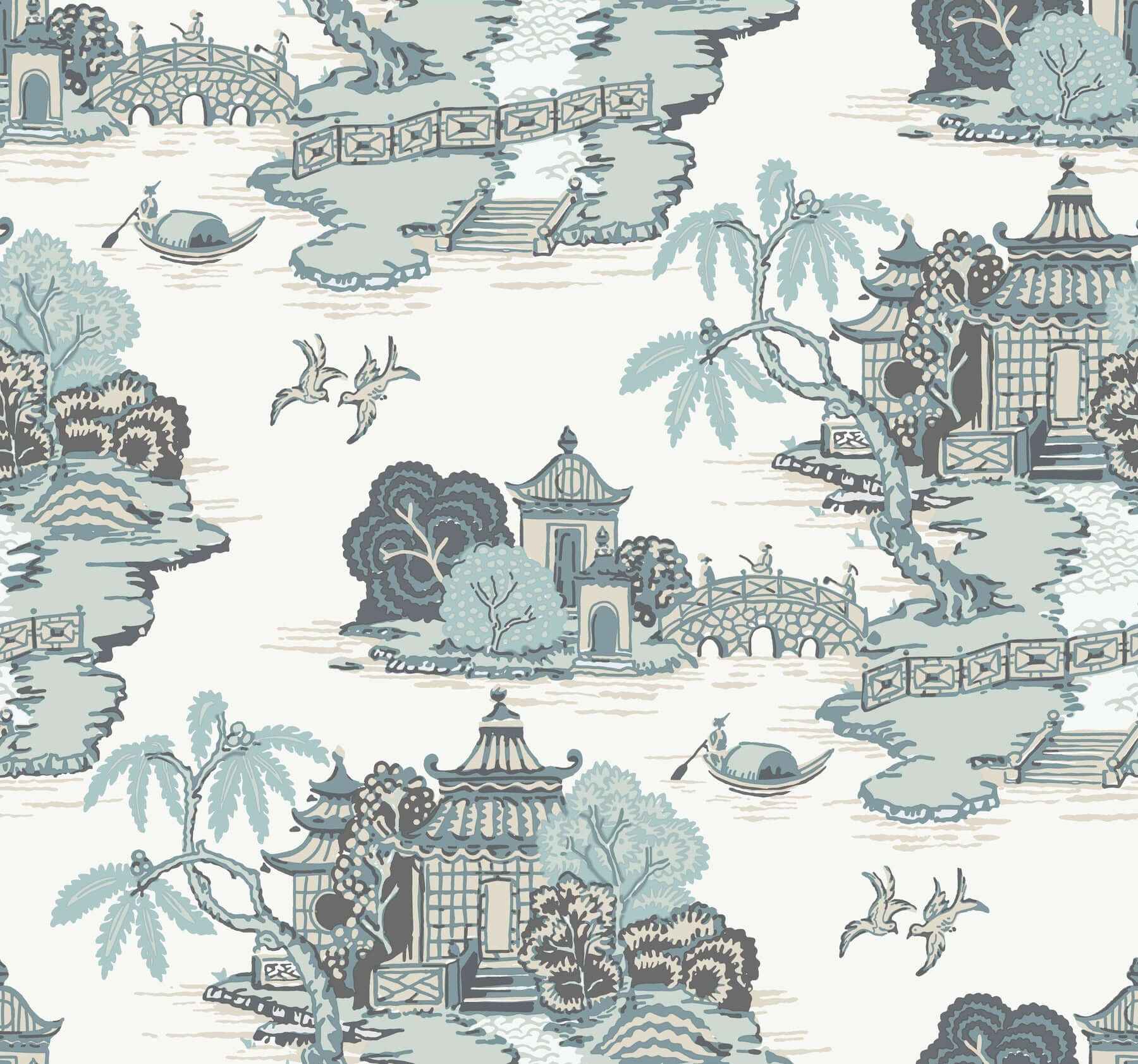 Pagoda And Sampan Scenic Seamist Wallpaper - York Wallcoverings - RT7904