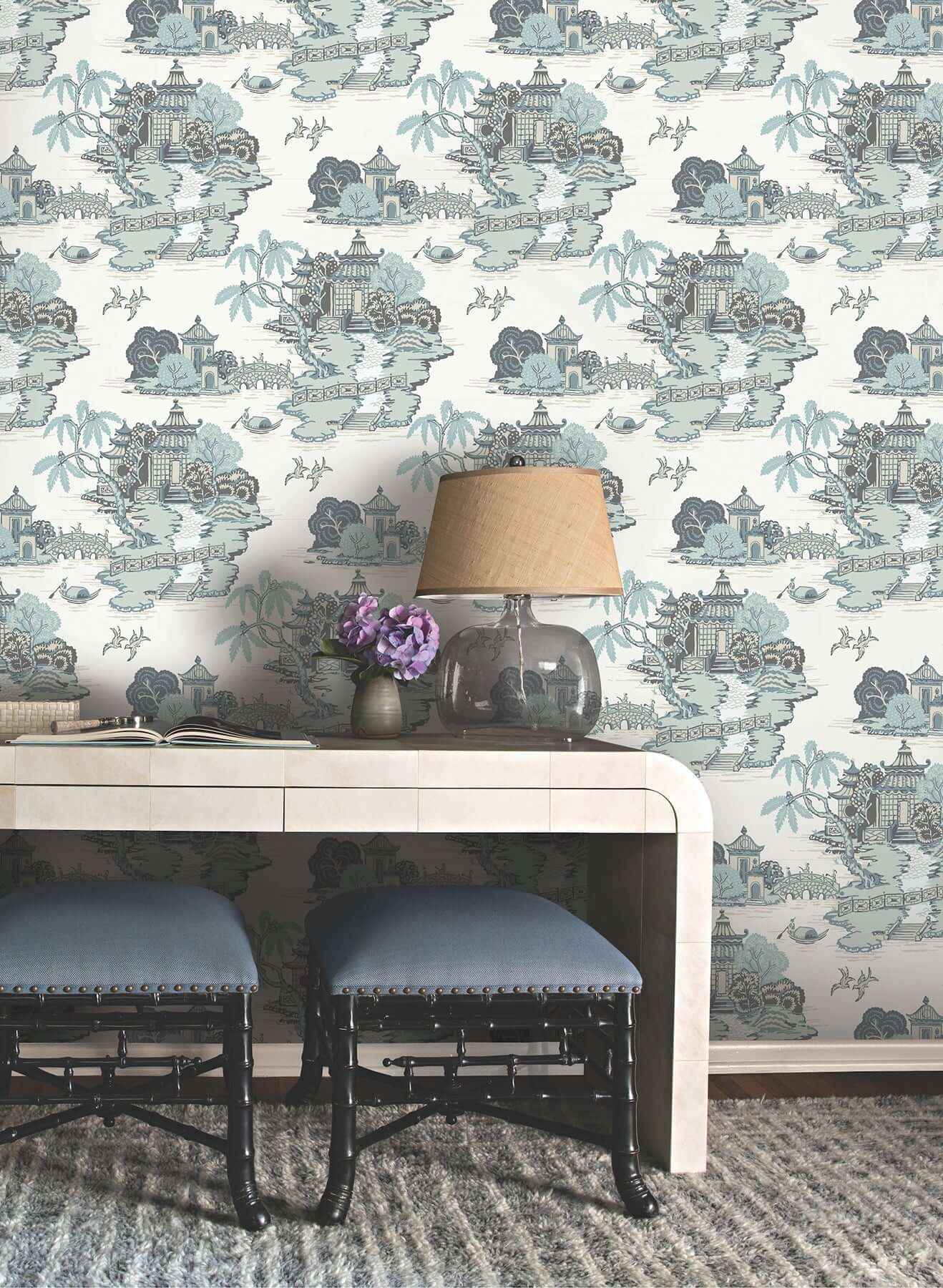 Pagoda And Sampan Scenic Seamist Wallpaper - York Wallcoverings - RT7904 - York Wallcoverings Wallpaper