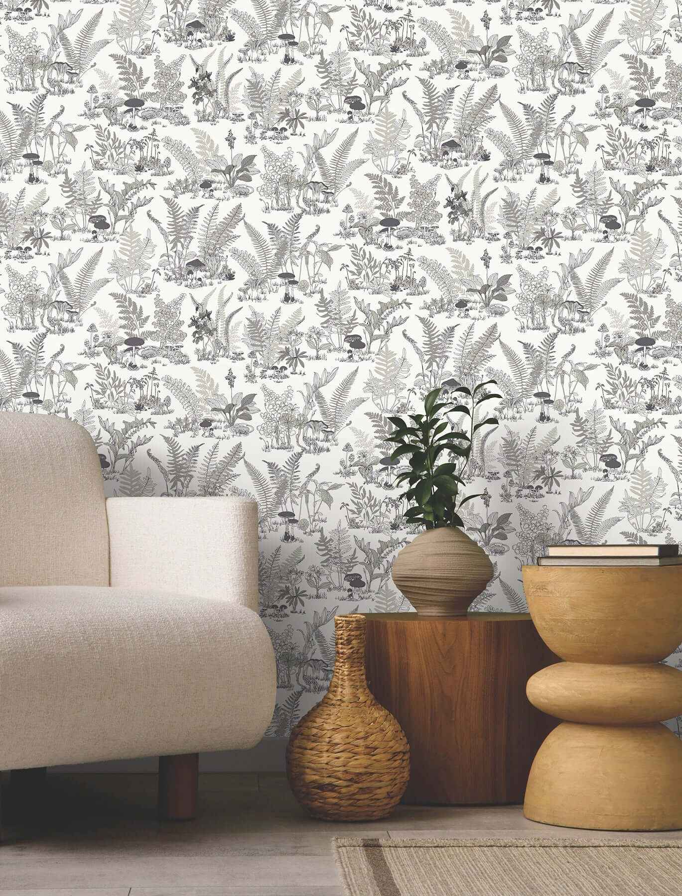 Mushroom Garden Toile Black & Grey Wallpaper - York Wallcoverings - RT7893 - York Wallcoverings Wallpaper