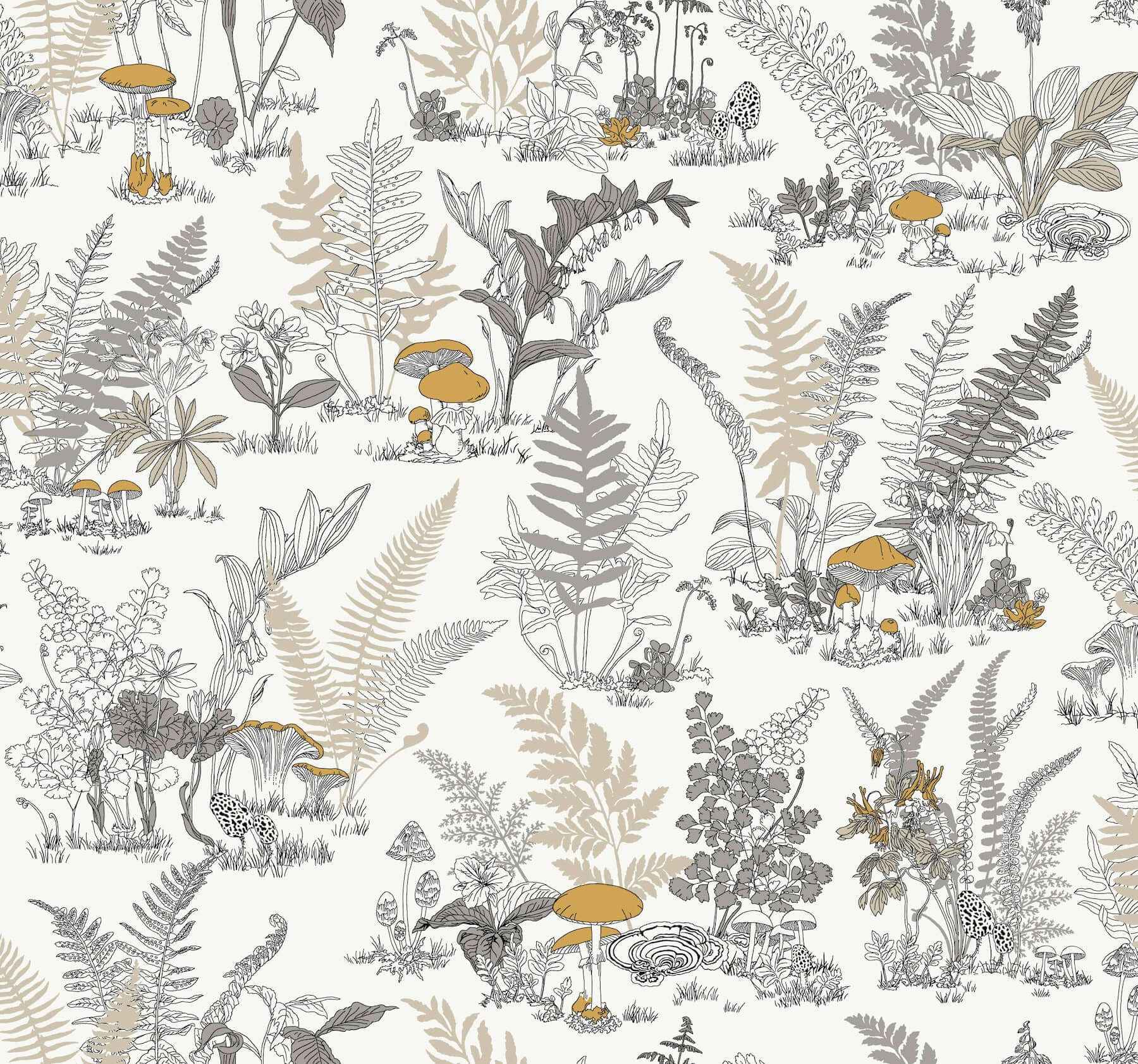 Mushroom Garden Toile Neutral & Gold Wallpaper - York Wallcoverings - RT7892 - York Wallcoverings Wallpaper