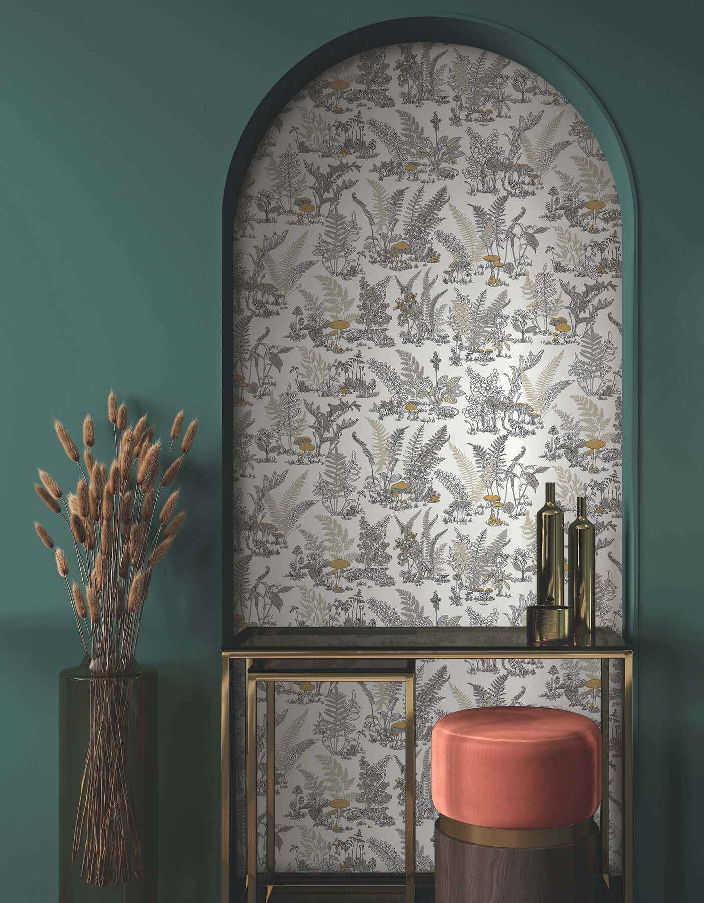 Mushroom Garden Toile Neutral & Gold Wallpaper - York Wallcoverings - RT7892 - York Wallcoverings Wallpaper