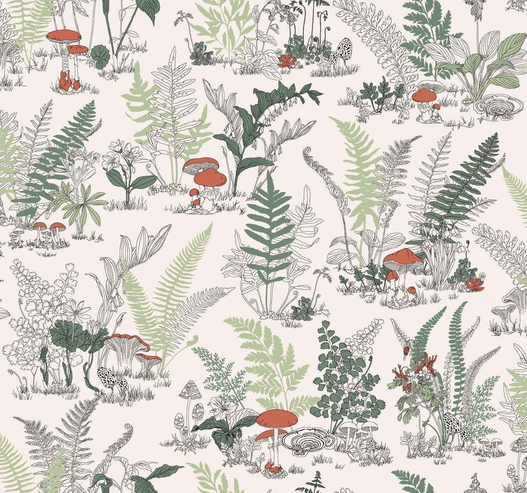 Mushroom Garden Toile Red & Green Wallpaper - York Wallcoverings - RT7891