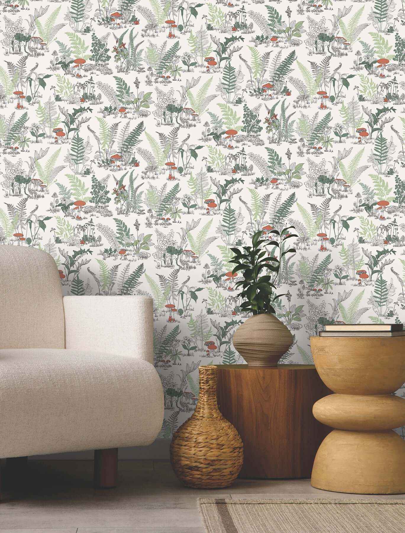 Mushroom Garden Toile Red & Green Wallpaper - York Wallcoverings - RT7891 - York Wallcoverings Wallpaper