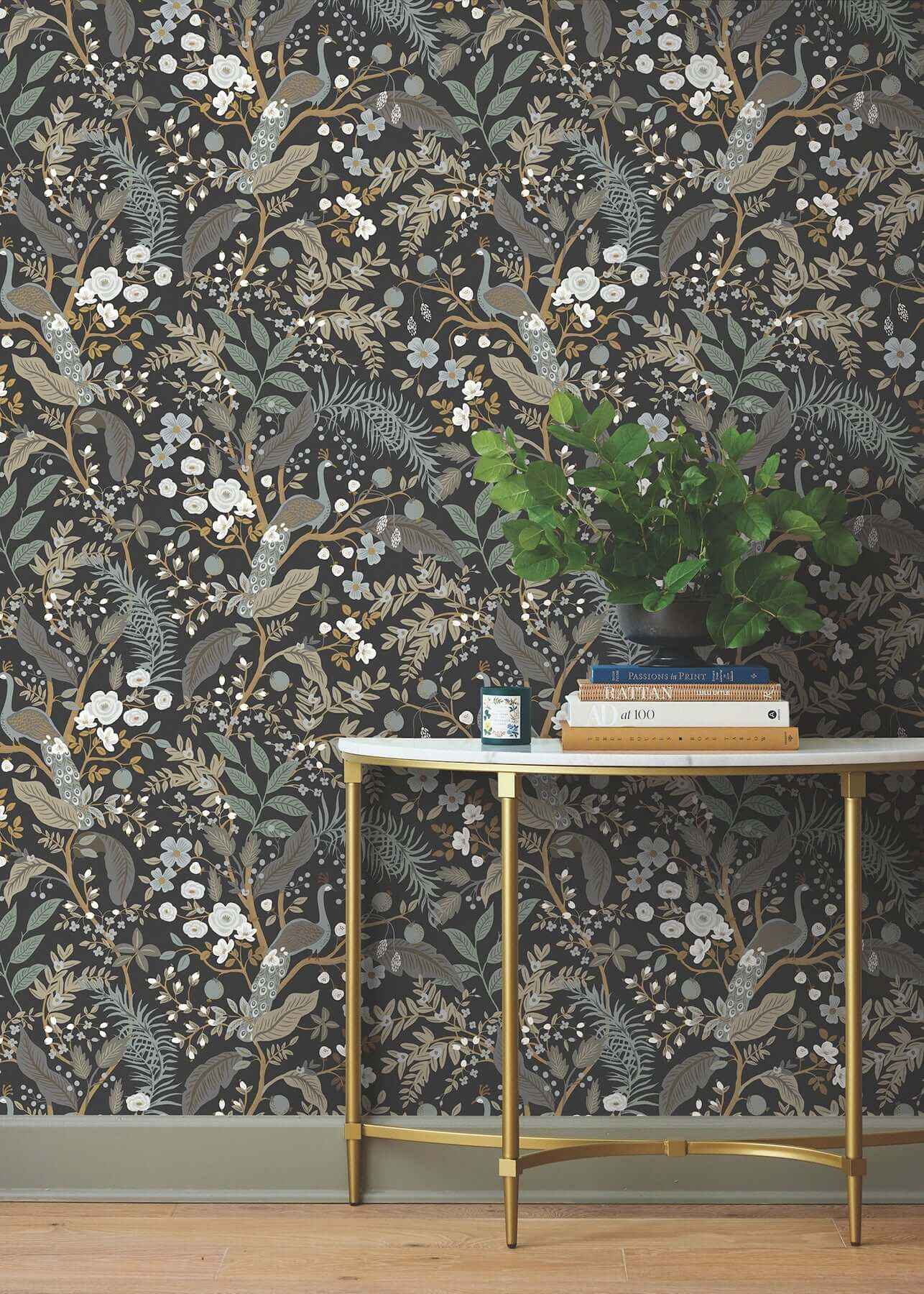 Peacock Garden Black Peel & Stick Wallpaper - York Wallcoverings - PSW1537RL - York Wallcoverings Wallpaper