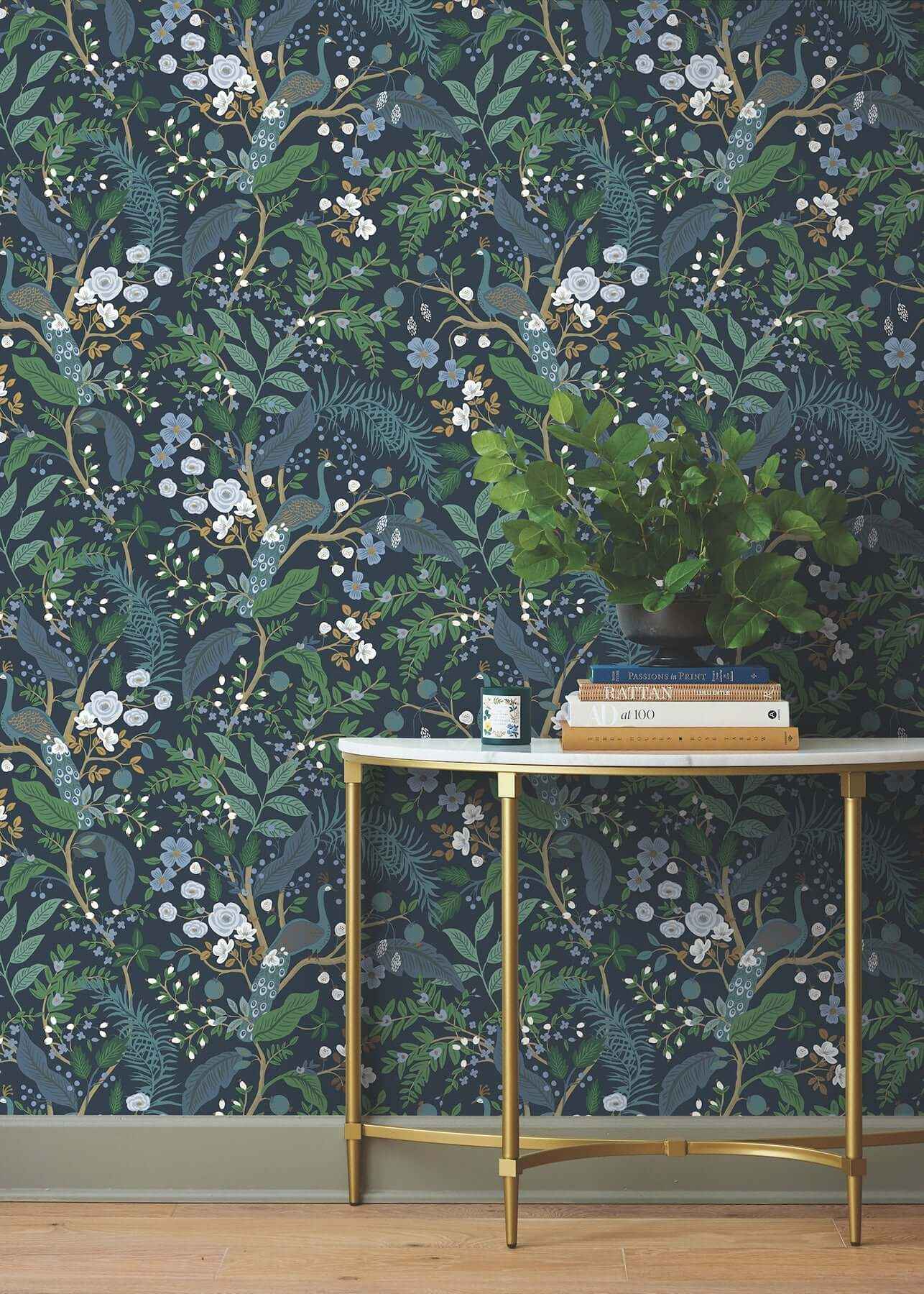 Peacock Garden Navy Peel & Stick Wallpaper - York Wallcoverings - PSW1536RL - York Wallcoverings Wallpaper