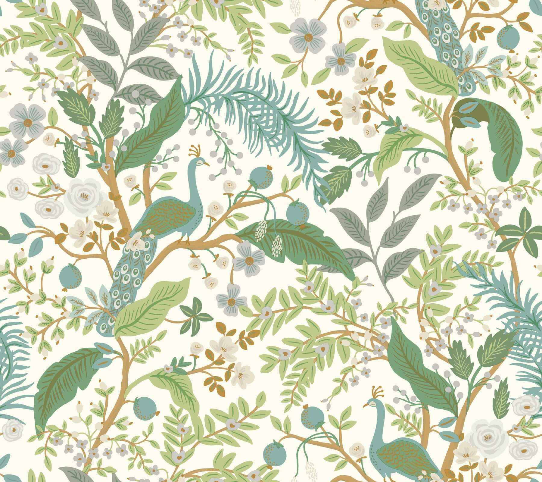 Peacock Garden White Peel & Stick Wallpaper - York Wallcoverings - PSW1539RL