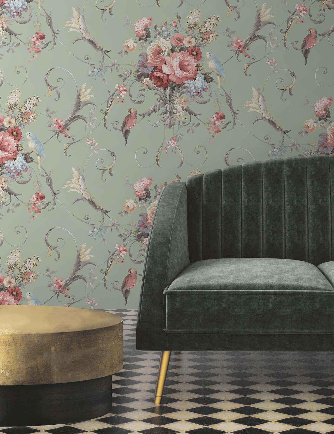 Parrots with Floral Bouquets Eucalyptus Peel & Stick Wallpaper - York Wallcoverings - PSW1361RL