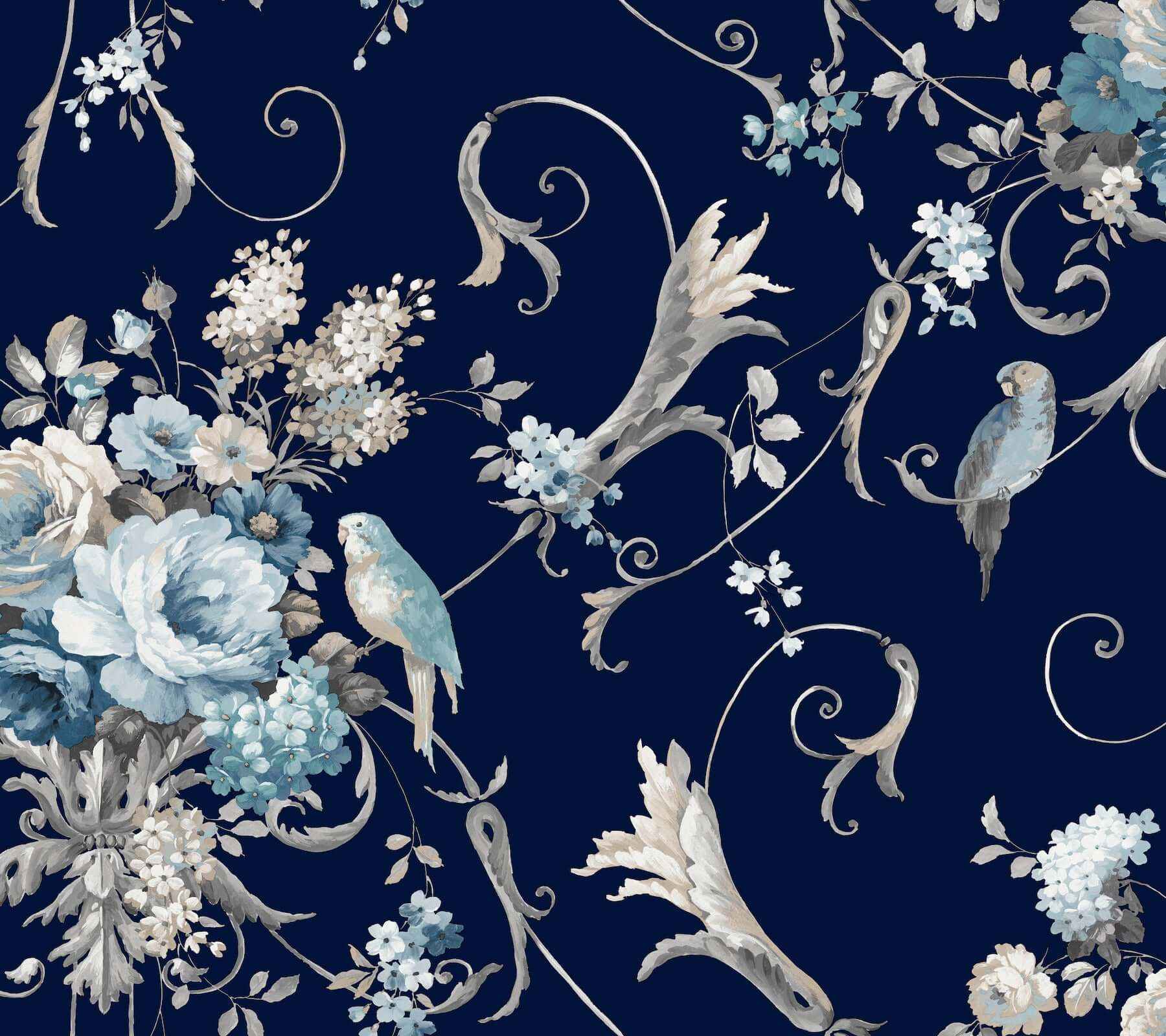 Parrots with Floral Bouquets Navy Peel & Stick Wallpaper - York Wallcoverings - PSW1360RL