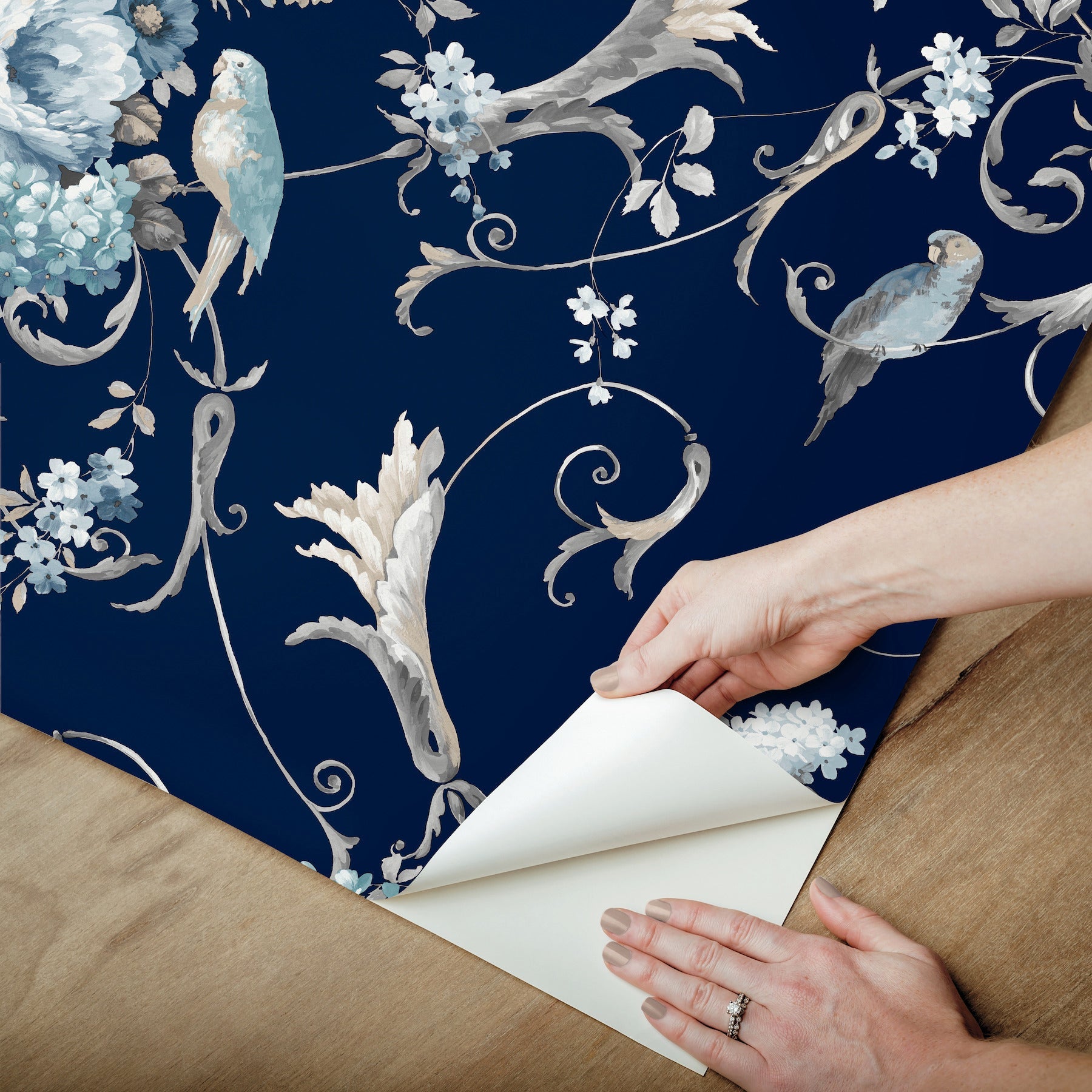 parrots-with-floral-bouquets-premium-peel-stick-wallpaper-navy-york-wallcoverings-psw1360rl